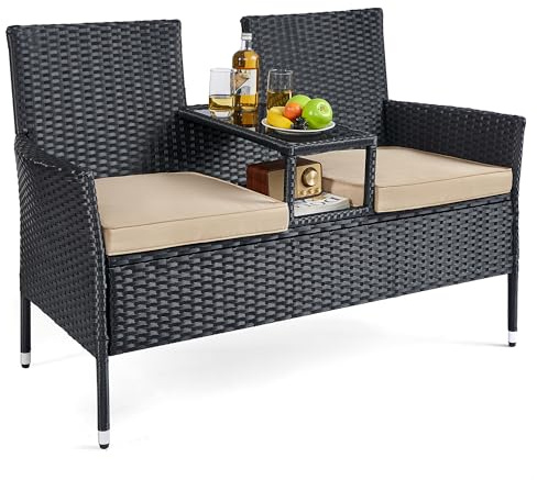 SONGMICS Gartenmöbel, Balkonmöbel aus PE-Polyrattan, Gartenbank, mit Tisch, Sofa, Terrassenmöbel, Outdoor, mit Kissen, für Terrasse, Garten, Balkon, schwarz-Taupe GGF022B02