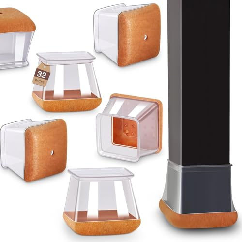 32 Pcs Large Chair Leg Floor Protectors for Hardwood Floors Chair Sliders | Silicone Covers with Stronger Felt Pads Square Large (Fit:27-40mm)