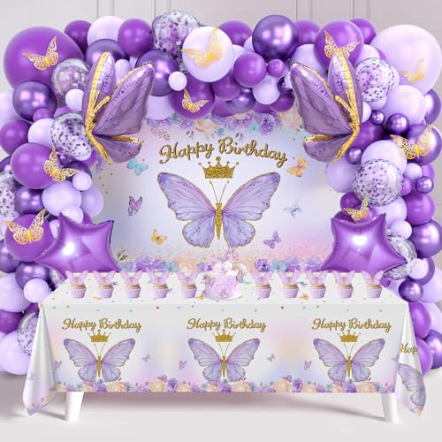 Kit de arco de globos morados, decoraciones de mariposa para cumpleaños de niñas, incluye globos, fondo, pastel, mantel y guirnalda