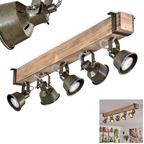 HOFSTEIN Deckenleuchte Pehefito, verstellbare Deckenlampe aus Metall/Holz in Grün-Grau/Natur, Leuchte im Industrial/Retro/Vintage-Design mit Holzbalken, 5 x GU10, Wohnzimmer, Esszimmer, Schlafzimmer