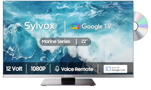 SYLVOX 12 Volt TV, 22 Smart Television with DVD Player Built in, 1080P Google OS ATSC NTSC WiFi Bluetooth HDMI USB, AC/DC Powered, 12V TV for RV Camper Boat Coastal Home (Marine Series)