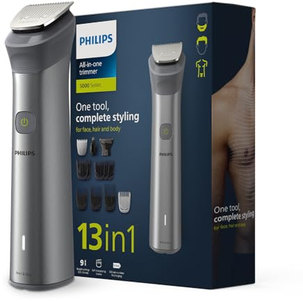 Philips MG5930/65 All-in-One-Trimmer, wiederaufladbar, kabellos, für Gesicht, Kopf und Körper für Männer (120 Minuten Laufzeit, Bart-Sense-Technologie, Silber)
