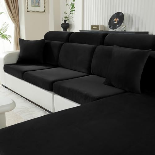 CYCMACO Samt Sitzkissenbezug, Stretch Sofa Sitzkissenbezug rutschfest, Universal Sofa Überzug Wohnzimmer, Elastischer Kissenbezüge, Waschbare(3-Sitzer, Schwarz)