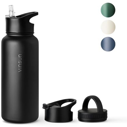 VINSUN Gourde Isotherme 1l - Gourde Inox avec Paille (3 Bouchons) - Étanche, sans BPA, Reutilisable - Bouteille d'eau Isotherme pour Sport, Randonnée, École, Bureau