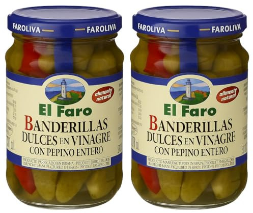 El Faro Banderillas - Sweet Pickled Cucumber Skewers 350g Jar | Authentic Spanish Ready-to-Eat Tapas & Cocktail Snack | Pack of 2