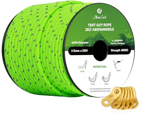 Abma Cord Campingrep Tältspännlinor 5mm 30M med 6 St Campingsladdspännare Tält Guide Rep för Camping, Tent, Markis, Gazebo - Reflekterande neongrön