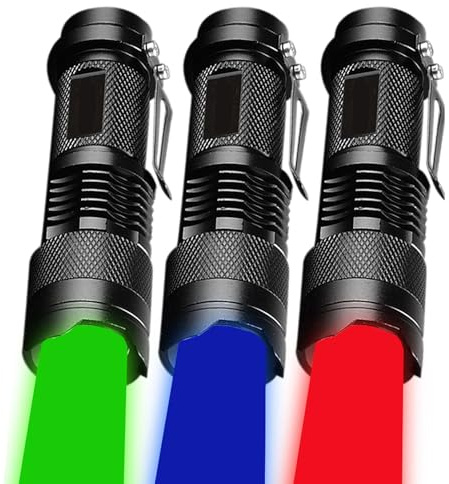 MVIOCS 3Pack Upgraded Red Green Blue LED Taschenlampe, Mini Taschenlampen Red Green Blue Light, Zoomable, wasserdichte LED Taschenlampe Leistungsstark und hell