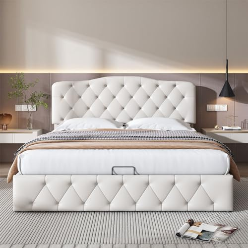BLUON HOME Polsterbett mit Lattenrost und Kopfteil, Jugendbett, Polsterbett mit höhenverstellbares Kopfteil, Stauraumbett, Holzlattenunterstützung, Einfache Montage. (White 180×200)