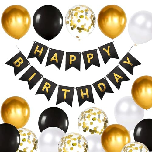 Luftballons Geburtstag Dekoration Set, Schwarz Gold Geburtstagsdeko Happy Birthday deco Banner Party Decor Geburtstag Set mit 16pcs Schwarz Gold Latex Luftballons Konfetti Ballons（Schwarz&Gold）