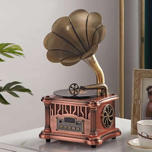 MTTXY Grammofono Vintage con Telecomando, Grammofono Vintage Nostalgico Ricaricabile di Tipo C, Altoparlante Wireless Bluetooth 5.0 con Radio FM per Hotel, Club, Bar, Studi di Yoga,Redbronze