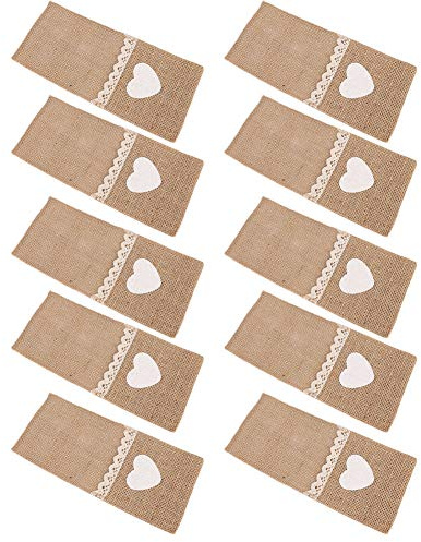 Bestecktasche für zu Hause – 10 Stück Jute-Spitze, Besteckhalter, Jute, Messer, Gabel, Taschenbeutel für Hochzeit, Weihnachten, Party, Dekoration (Bestecktasche „True Colour of