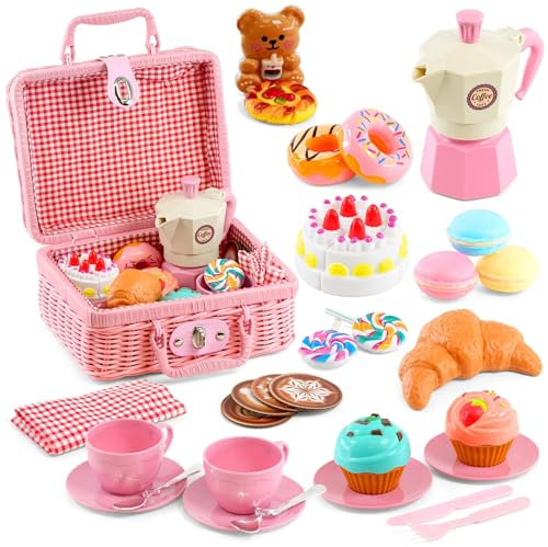 The Magic Toy Shop Play Food Picnic Basket & Tea Set for Kids - 30 pcs Toy Kitchen Accessories Pretend Food for Boys & Girls Role Play Toys