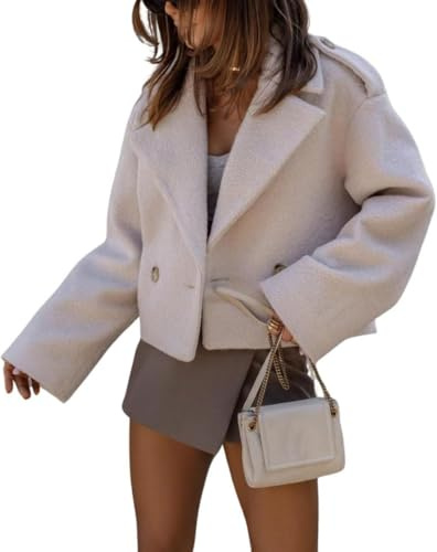 Trench-Coat Court à Revers pour Femme boutonné sur Le Devant avec Poches Veste Courte Veste à Pois croisée Costume à Revers Couleur Unie Petite Veste (Amande,M)