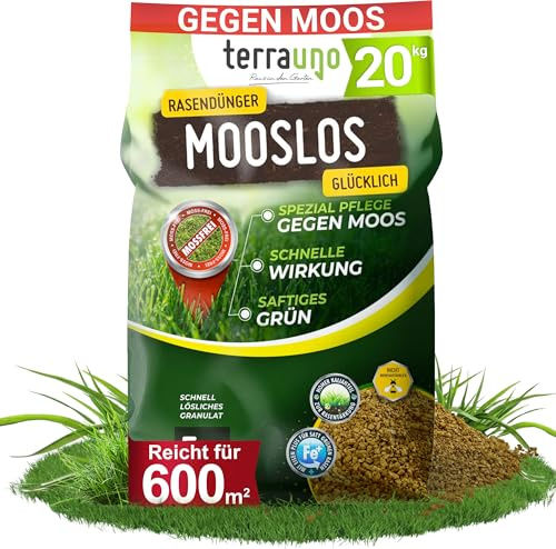 TerraUno Rasendünger Frühjahr Mooslos Glücklich, Moosfrei in 3 Tagen, 20 kg für 600 m², Eisendünger gegen Moos, extrafeines Granulat, Frühjahrsdünger Rasen, Dünger für den Streuwagen
