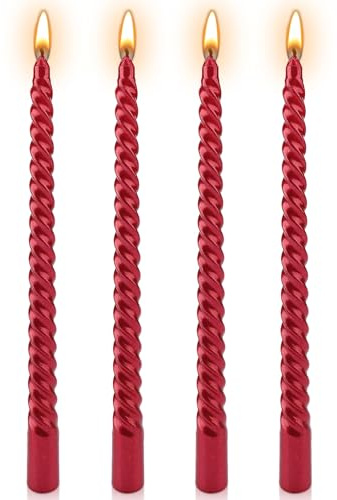 Red Candles, 10'' Red Taper Candles, Set of 4 Spiral Twisted Dinner Candles, Non-Drip 7 Hour Burn Time Unscented Decorative Candle Sticks for Valentine's Day Christmas Birthday Party Home Decor