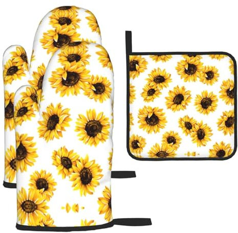 Set di 3 guanti da forno natalizi con girasole e presine, guanti da forno da cucina, guanti resistenti al calore