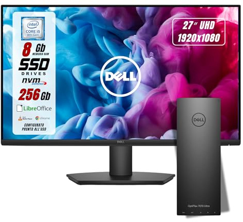 Postazione Completa, Pc Desktop Dell OptiPlex Ultra UFF Intel i5-8265U 4 Core, Ram 8Gb SSD 256Gb, Monitor 27 FHD, Win 11 e Libre Office, Compreso di Mouse e Tastiera (Ricondizionato)