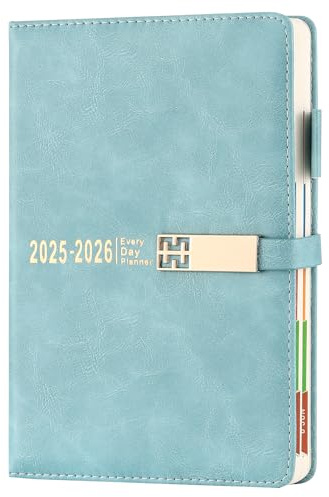 Terminplaner 2025–2026, A5, Seite pro Tag, Terminkalender 2025–2026, Tag pro Seite, 12 Monate Tages- und Monatsplaner mit buntem Monatstab, Hardcover-Organizer mit Lesezeichen, Innentasche (blau)