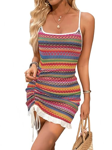 Belriviere Women Mini Dress Square Neck Camisole Striped Knitted Spaghetti Strap Backless Beach Sundress with Pleats S Rose Red