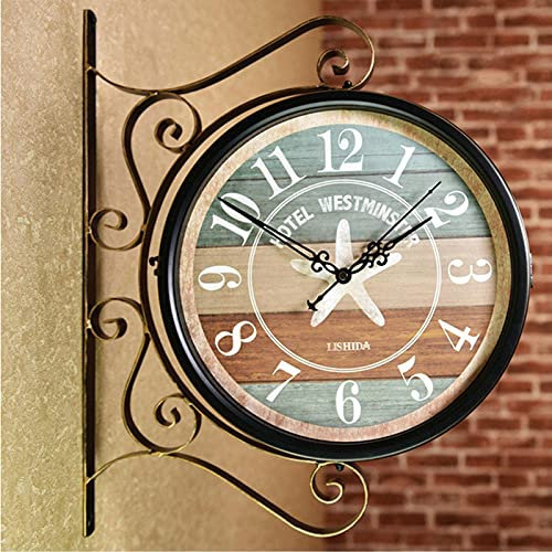 FHDCNTO Clock Station Clock, Antico Orologio da Parete in Stile Orologio a Doppia Faccia, Orologio Stazione Vintage per Orologio Stazione da Interno e Giardino Aubenbereich E