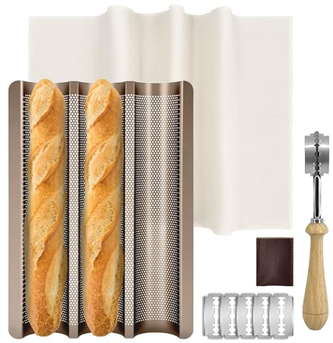 Baguette Bread Pan, Perforated French Bread Tray - 3 Loaf Nonstick Baking Sheet with Proofing Cloth & Dough Cutter Kit, Home Baker Supplies(15x11 Inch Gold)