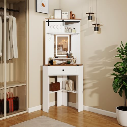 YU YUSING Eck Schminktisch mit Spiegel, Frisiertisch mit LED Beleuchtung, 1 Schublade und 6 Haken, 3 Farben Verstellbar, Kosmetiktisch mit Stauraum Ablage, Modern Schlafzimmermöbel, Platzsparend Weiß