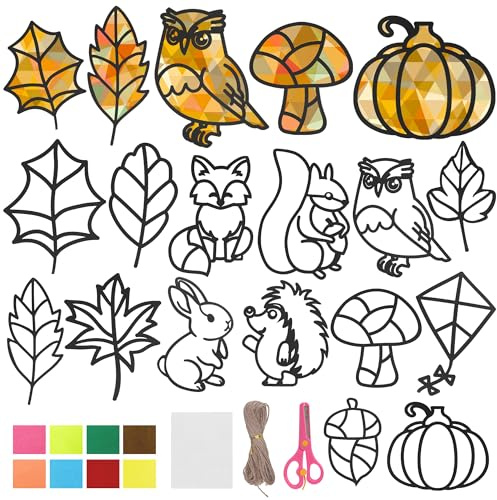 Dajidafu Herbst Bastelset Kinder, 14 Stück Herbst Basteln Kinder, Herbstdeko DIY Fensterbilder Ahornblätter, Tiere und Pilze für Innen und Außen Halloween, Weihnachten