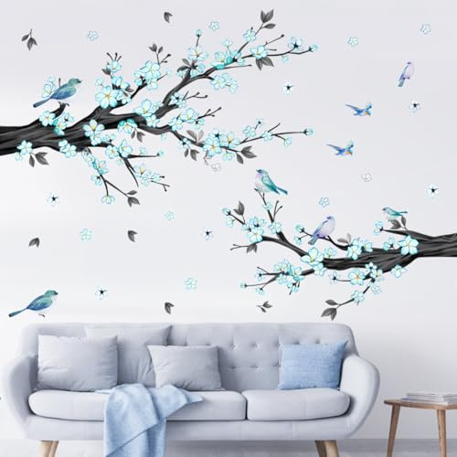 FuxFuis Adesivi Murali Rami con Fiori Grandi, Sticker da Parete Fiore Blu, Autoadesivo Decorativo Rimovibile, Adesivi Murali Soggiorno Piante, Stickers Ramo Albero Decorazioni per Camera da Letto