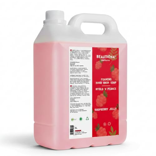 Beautiona Savon 5 L : savon moussant à la glycérine et à l'huile d'amande - Hydratant pour mains et corps - pH neutre - 3 fois plus efficace (5 l, parfum framboise)