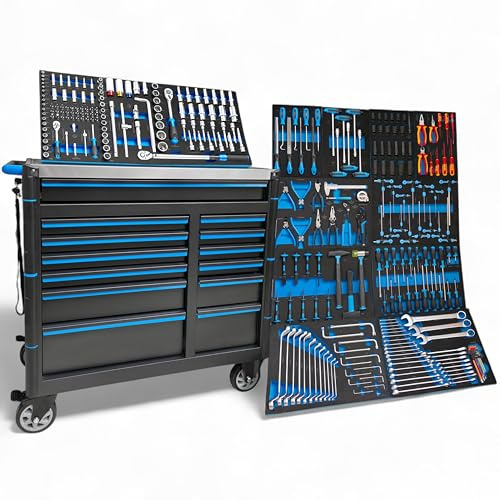 DeTec. Carrello da officina XXL | Premium Line 13 cassetti 11 riempito | Cassetta degli attrezzi per auto piena di attrezzi | serratura (blu)
