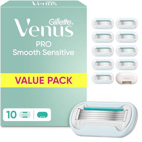 Gillette Venus Pro Smooth Sensitive Rasierklingen, 10 Ersatzklingen, Türkis | Damenrasierer, Klingen für Nassrasierer Damen für Empfindliche Haut, Inkl. Reiseschutzkappe