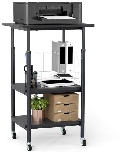 GOPLUS Soporte de Impresora de 3 Niveles, Mueble Carrito para Impresora con Altura Ajustable, Estantes de Almacenaje, Ruedas Universales Bloqueables, Mesa Lateral Móvil para Escáner Oficina (Negro)