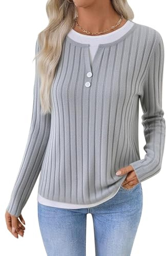 Awinclo Jumper and Sweater for Large Women Ladies Long Sleeve Blouse Top Crewneck Color Block with Buttons Casual Loose Pullover Plus Size Plain Sweatshirt for Women UK Light Grey Medium