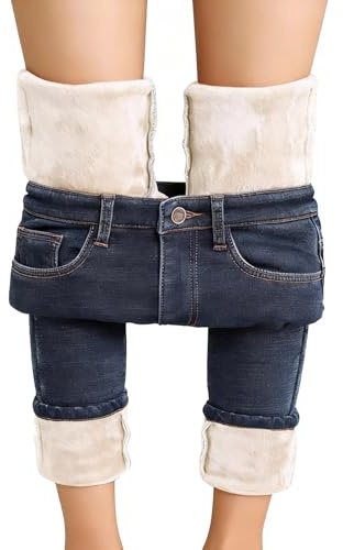 Jean Doublé Polaire pour Femme - Pantalon Denim Skinny Taille Haute Hiver - Léggings Jean Élastique et Chaud avec Effet Push-Up