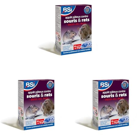 BSI - Anti-Rats Et Souris - 150g - Efficacité Rapide - Radicale - Brodi-Kill Pâte - 15x10g - Prêt A l'Emploi - Qualité Dernière Génération - Pour la maison et Autour de la maison (Lot de 3)