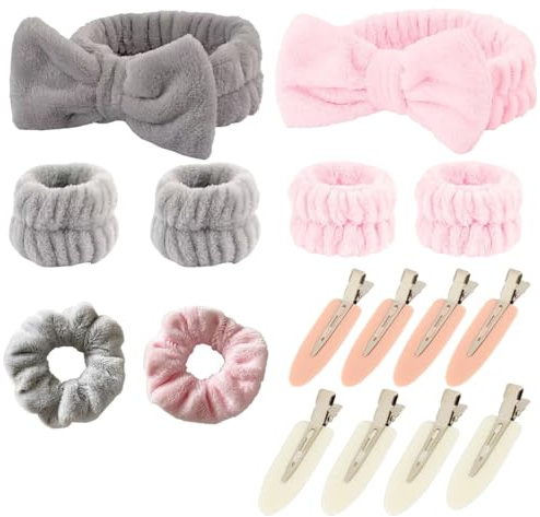 Set da 16 Pezzi, 2 Fasce Capelli Donna Trucco, 4 Pezzi di Polsini per il Lavaggio Del Viso, 2 Fascette per Capelli, 8 Fermagli Capelli, Morbidi Spa Fasce Assorbenti ed Elastici,per la Cura Della Pelle