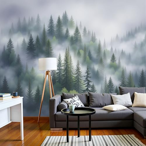 ANALTIRCE Carta Da Parati Fotografica Natura Paesaggio 3D Effetto Nebbia Pineta Design Carta Tessuto Non Tessuto TNT Verde XXL Fotomurale per Soggiorno Camera Letto Studio Decorazione, 500×350cm