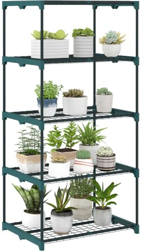 Outsunny Scaffale Porta Piante 5 Livelli 67x49x138 cm Verde Scuro | in Acciaio e Plastica, Porta Vasi, per Interni ed Esterni, Giardino, Balcone