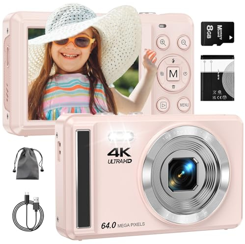 ZMOQNG 4K 64MP Digital Camera 2.8 Screen Compact Camera with Micro SD Card | 1200mAh Battery, 16X Digital Zoom Autofocus Vlogging Camera for Teens Students Beginners