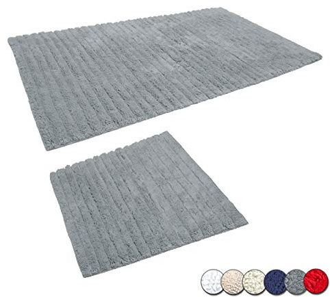 Casalanas | Modell Levante | rutschfestes Badteppich Set | Badvorleger | Badematte aus 100% Natur-Baumwolle | Badezimmergarnitur 2-teilig (60x60cm + 100x60cm) | Badezimmerteppich in Farbe Grau