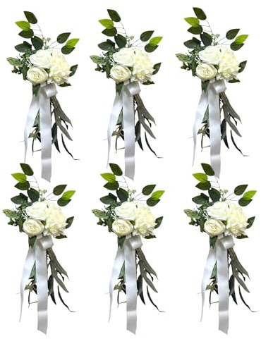 Angel Isabella Pack of 6- Artificial Aisle Marker-Pew Flower-Lush and Forsty Green, Rose Peony -Ribbon Included