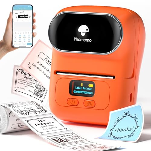 Phomemo M110 Bluetooth Etikettendrucker Etikettiergerät,Tragbarer Beschriftungsgerät Selbstklebend Labeldrucker für Barcode,Einzelhandel,Adresse,Büro und kleine Unternehmen,für Android & iOS -Orange