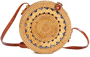 Ulisty Hohl-geschnitztes Design Rund Rattan Tasche Kreis Strohbeutel Handgefertigte Tasche Weben Korb Handgewebte Tasche Sommer-Strandtasche Schultertasche Umhängetasche für Damen/Frauen