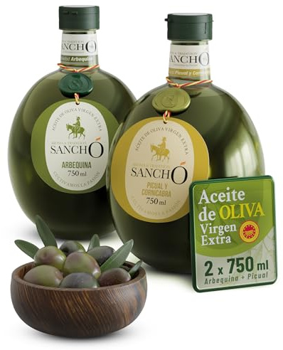 Aceite de oliva virgen extra dúo picual y arbequina pack 2 x 750 ml botella plástico | aove gourmet extraído en frío | aceite premium español cocina diaria | sancho la mancha, dop campo de montiel. | AOVE español con Arbequina suave y Picual Cornicabra intenso, extraído en frío en botella Plástico ideal para cocina diaria