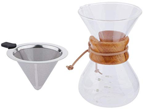 Tubayia Cafetière en verre avec filtre à café en acier inoxydable Pour Over (400 ml)