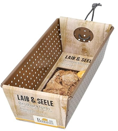 Birkmann, Pagnotta & Anima, teglia per pane perforato, 25 cm, teglia per pane piccolo, in acciaio al carbonio bronzo, con rivestimento antiaderente e ricette, 210516