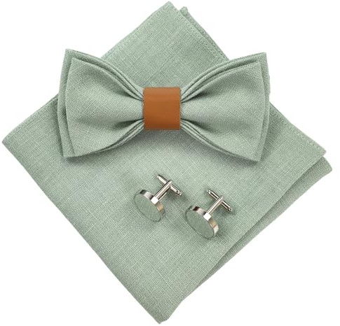 Leinen Accessoires: Fliege mit Leder, Hosenträger mit Leder, Einstecktuch, Manschettenknöpfe für Herren