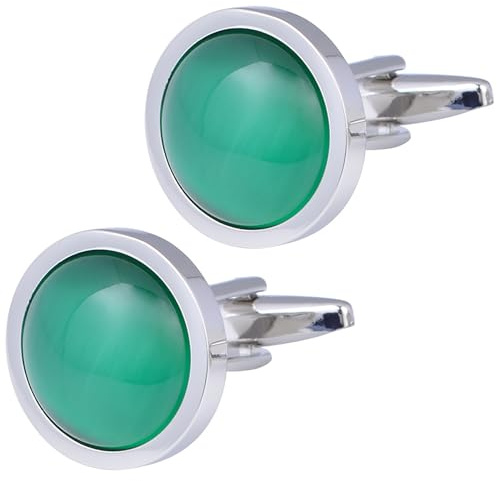 Jonwo Gemelos redondos de acero inoxidable con piedra de ópalo para hombres y mujeres, camisa francesa, ojo de gato, gemelos para fiestas de negocios, en una caja de regalo, 18mm, Acero inoxidable, No