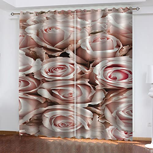 GXCBLK Gardinen Wohnzimmer Kinderzimmer Verdunkelungsvorhang 3D Digitaldruck Rosafarbener Rosendruck Vorhänge Blickdicht Schlafzimmer Thermovorhang Mit Ösen, 2Er Set 260X140Cm（H X B）