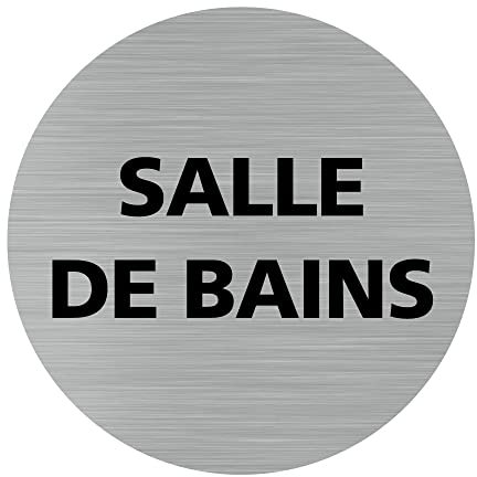 Pictogramme Salle de bains (Q0200). Autocollant souple effet alu brossé ou plaque de porte alu brossé ep 2mm au choix - Diamètre 76 mm - Adhésif aspect aluminium brossé - Adhésif aspect aluminium bros